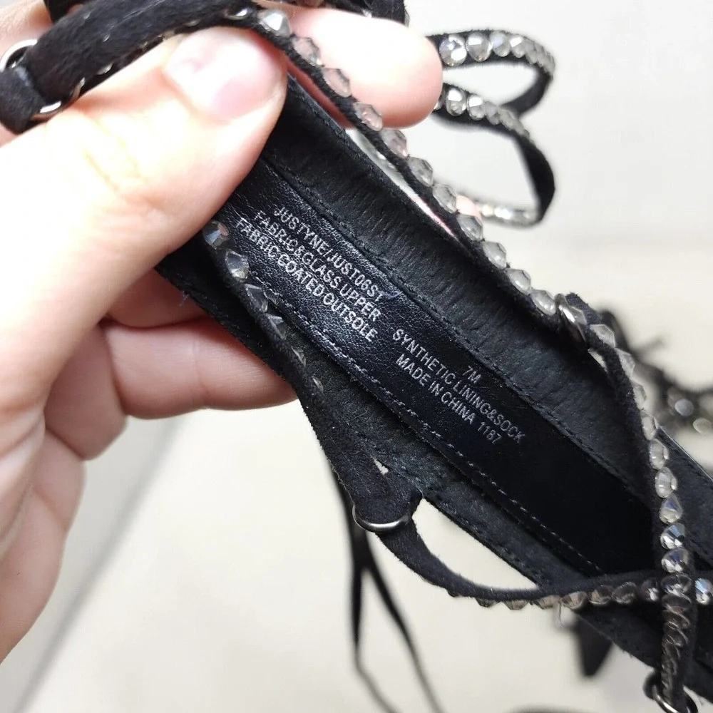 Steve Madden Sandal Heels Justyne Black Glass Rhinestone Tie Up Gladiator 7 - Picture 9 of 10